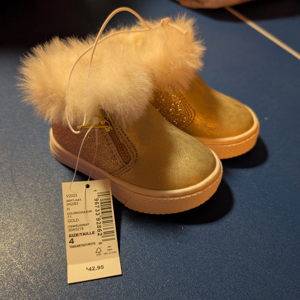 Gold Kids Boots with Faux Fur Trim